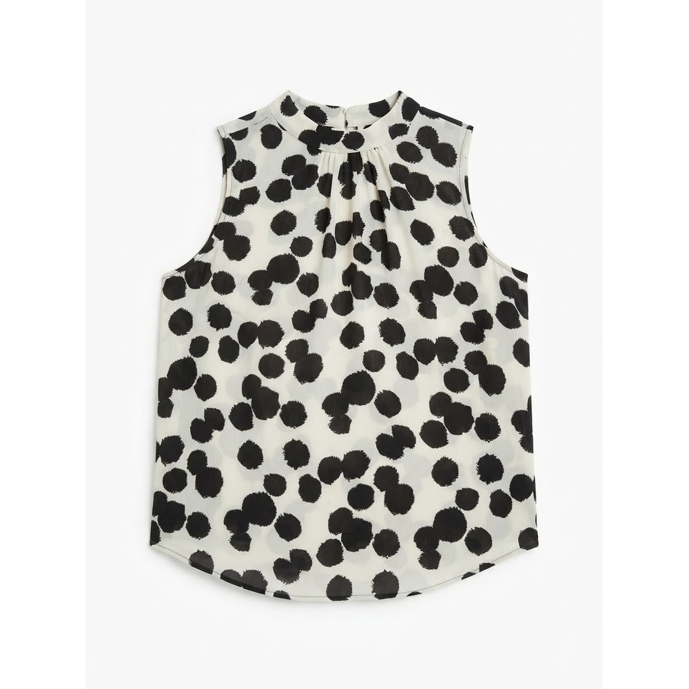 Polka Dot Blouse Womens XL Cream Black Sleeveless Pleated Neck